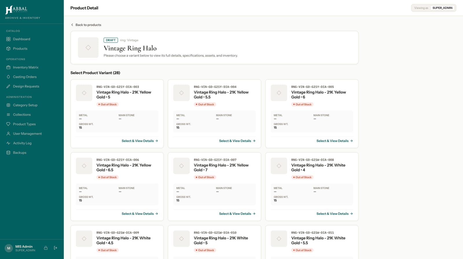 A product record in the Habbal MIS: the Vintage Ring Halo and its 28 variants, each with its own SKU, stock status and weight