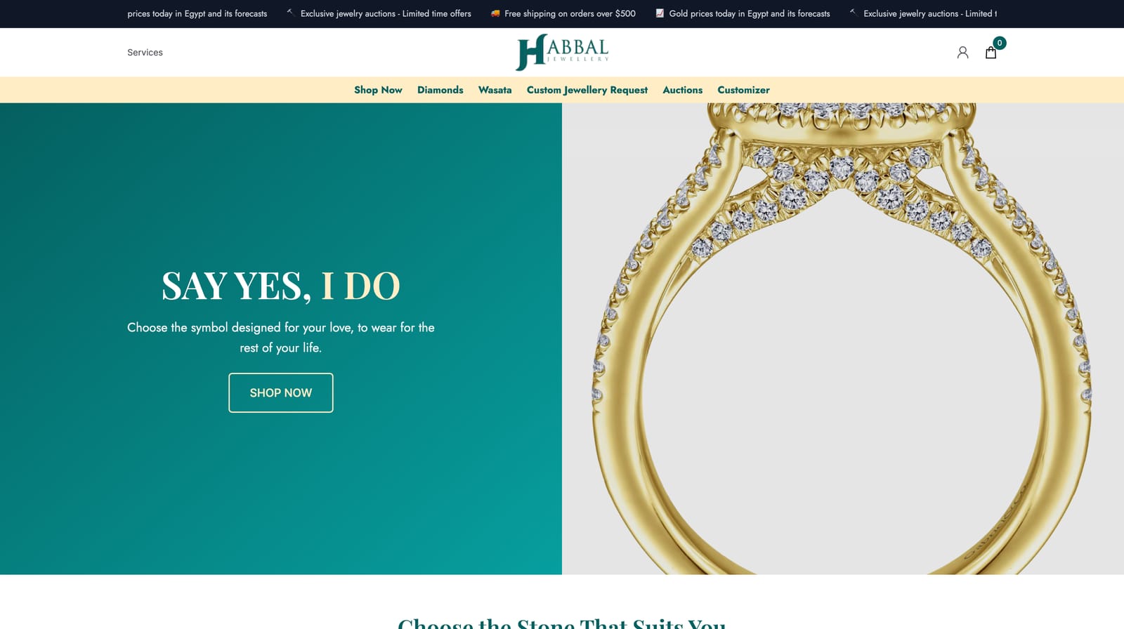 The Habbal Jewellery storefront, with shopping, diamonds, auctions, custom requests and the customiser in its navigation