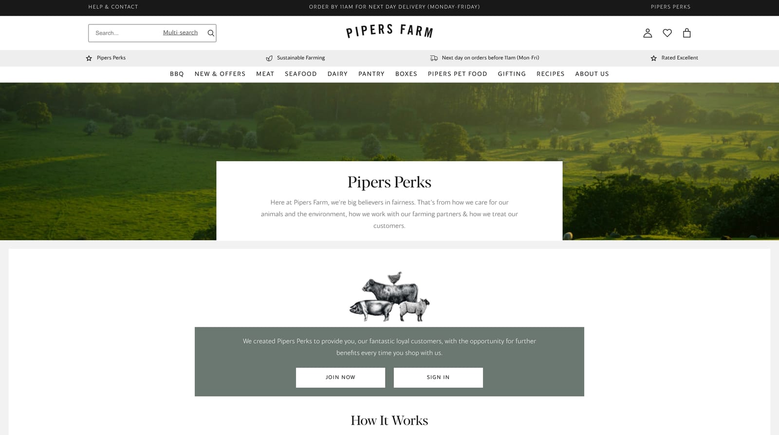 The Pipers Perks loyalty page on the Pipers Farm store