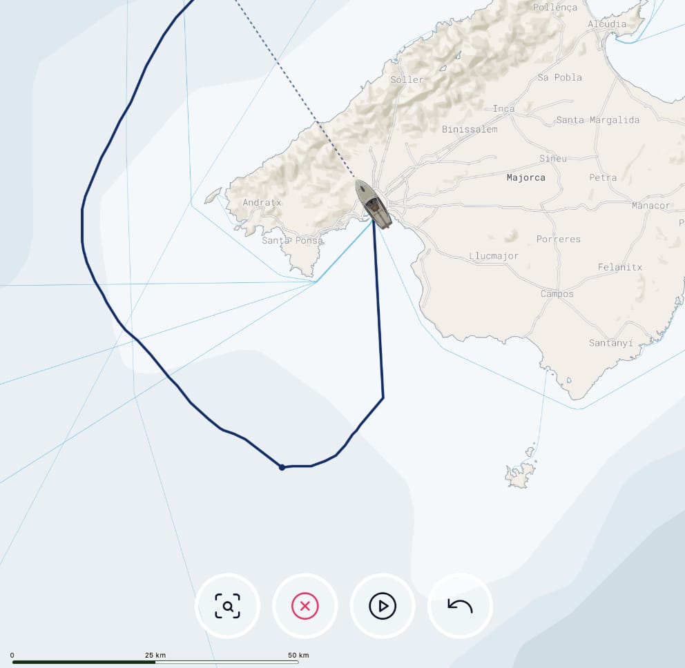 The SeaRebbel app chart: a route plotted off the coast of Majorca from the boat’s position